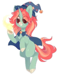 Size: 789x1013 | Tagged: safe, artist:shady-bush, derpibooru import, oc, pony, unicorn, female, hat, magic, mare, simple background, solo, transparent background, witch hat