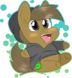 Size: 3236x3485 | Tagged: safe, artist:almond evergrow, derpibooru import, oc, oc:almond evergrow, earth pony, pony, brown coat, brown hair, brown mane, cap, chibi, chibi pony, clothes, drool, ear fluff, gray eyes, hat, hoodie, male, open mouth, simple background, simple shading, smiling, smol, solo, stallion, teeth, tongue out, transparent background