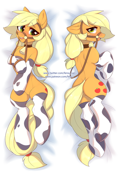 Size: 2002x3003 | Tagged: safe, alternate version, artist:fensu-san, derpibooru import, applejack, earth pony, pony, semi-anthro, applecow, bell, bell collar, blushing, body pillow, body pillow design, bridle, butt, clothes, collar, cowbell, cowprint, featureless crotch, female, mare, nudity, plot, reins, sexy, socks, solo, stockings, tack, thigh highs