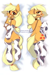 Size: 2002x3003 | Tagged: safe, alternate version, artist:fensu-san, derpibooru import, applejack, earth pony, pony, semi-anthro, applecow, bell, bell collar, blushing, body pillow, body pillow design, bridle, butt, clothes, collar, cowbell, cowprint, featureless crotch, female, mare, nudity, plot, reins, sexy, socks, solo, stockings, tack, thigh highs