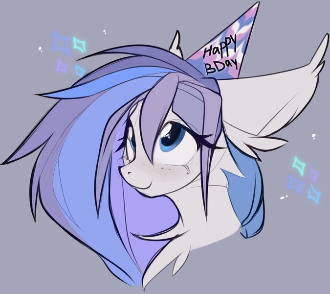 Size: 1935x1720 | Tagged: safe, artist:prsmrti, derpibooru import, oc, unofficial characters only, pony, bust, happy birthday, hat, looking up, palindrome get, party hat, smiling, solo