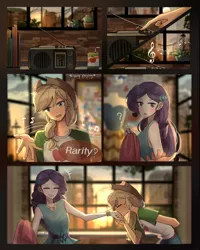 Size: 2000x2500 | Tagged: safe, artist:tcn1205, derpibooru import, part of a set, applejack, rarity, equestria girls, equestria girls series, applejack's hat, blushing, clothes, comic, cowboy hat, cute, daaaaaaaaaaaw, dialogue, female, geode of shielding, hat, jackabetes, kiss on the hand, kissing, lesbian, love, magical geodes, music notes, raribetes, rarijack, shipping, smiling