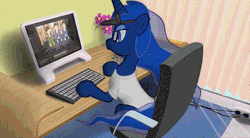 Size: 564x312 | Tagged: safe, artist:ndanimations, derpibooru import, princess luna, pony, two best sisters play, angry, animated, chair, clothes, computer, gif, hat, keyboard, shirt, youtube link