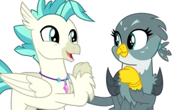 Size: 1024x650 | Tagged: safe, artist:sketchmcreations, derpibooru import, gabby, terramar, classical hippogriff, gryphon, hippogriff, the last crusade, female, fist bump, jewelry, looking at each other, male, necklace, open mouth, simple background, smiling, transparent background