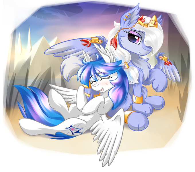 Size: 3400x3000 | Tagged: safe, artist:dreamweaverpony, derpibooru import, oc, oc:lady diamante, oc:selene, unofficial characters only, pegasus, pony, sphinx, beautiful, blue hair, blushing, crown, cute, ear fluff, eyelashes, female, fluffy, hug, jewelry, mare, regalia, scar, spread wings, wings