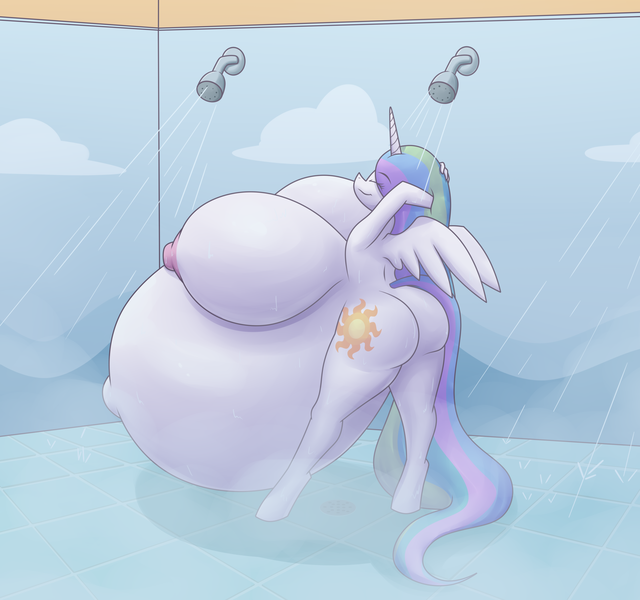 Size: 2688x2520 | Tagged: anthro, artist:funble, ass, bathing, belly, belly button, big belly, big breasts, big nipples, breasts, busty princess celestia, butt, derpibooru import, female, huge belly, huge breasts, hyper, hyper belly, hyper pregnancy, impossibly large belly, impossibly large breasts, large butt, nipples, nudity, outie belly button, preglestia, pregnant, princess celestia, questionable, shower, solo, solo female, sunbutt, unguligrade anthro, wet, wet mane