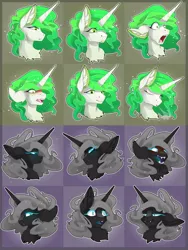 Size: 776x1030 | Tagged: safe, artist:taiga-blackfield, derpibooru import, oc, oc:eos, oc:malice, alicorn, pony, alicorn oc, bust, expressions, horn, wings