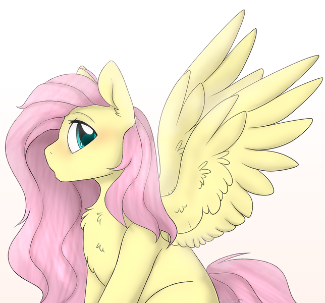 Size: 2354x2194 | Tagged: safe, artist:mariashapony, derpibooru import, fluttershy, pegasus, pony, chest fluff, female, looking at you, looking sideways, mare, open mouth, profile, simple background, sitting, solo, spread wings, white background, wings