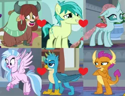 Size: 1924x1480 | Tagged: safe, artist:shipper anon, derpibooru import, screencap, gallus, ocellus, sandbar, silverstream, smolder, yona, changedling, changeling, classical hippogriff, dragon, earth pony, gryphon, hippogriff, pony, school daze, cropped, female, gallstream, gallus gets all the mares, interspecies, love triangle, male, ocelbar, sandbar gets all the mares, shipping, shipping domino, smollus, straight, student six, wrong aspect ratio, yonabar