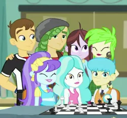 Size: 712x663 | Tagged: safe, derpibooru import, screencap, aqua blossom, bright idea, cherry crash, paisley, sandalwood, teddy t. touchdown, velvet sky, a queen of clubs, equestria girls, equestria girls series, background human, chess, chess piece, chessboard, clothes, cropped, eyes closed, female, male, smiling