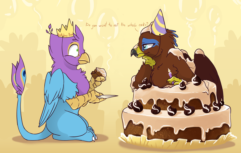 Size: 3446x2191 | Tagged: safe, artist:arctic-fox, derpibooru import, oc, oc:gyro feather, oc:gyro tech, oc:saewin, gryphon, cake, food, foodplay, griffonized, male, species swap