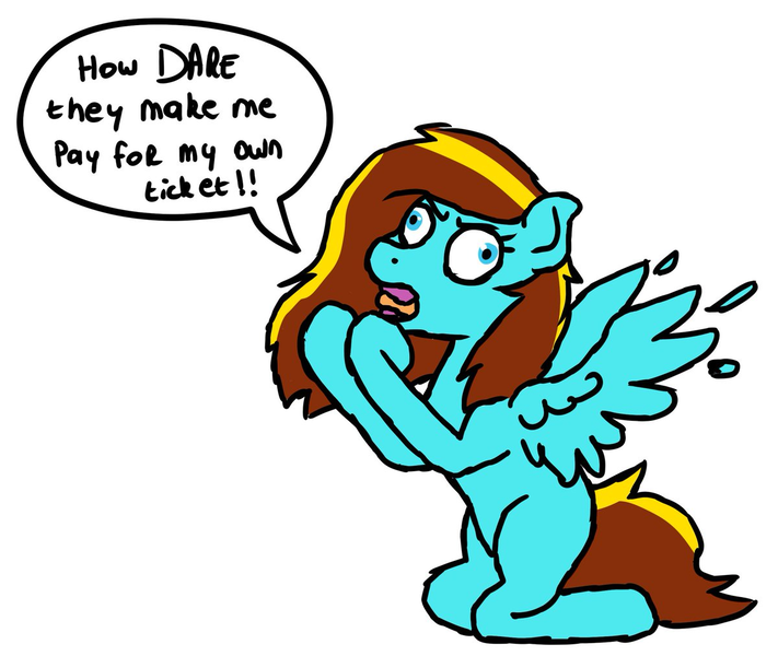 Size: 1200x1012 | Tagged: safe, artist:spokenmind93, derpibooru import, oc, oc:ilovekimpossiblealot, unofficial characters only, pegasus, pony, bronycon, angry, derp, drama, female, kneeling, mare, simple background, speech bubble, spread wings, take that, white background, wings