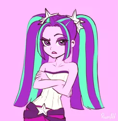 Size: 1255x1280 | Tagged: safe, artist:rileyav, derpibooru import, aria blaze, equestria girls, rainbow rocks, adorasexy, ariabetes, bare shoulders, breasts, clothes, corset, crossed arms, cute, delicious flat chest, eye clipping through hair, female, lidded eyes, looking at you, open mouth, pigtails, pink background, raised eyebrow, sexy, simple background, sleeveless, solo, strapless, twintails