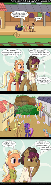 Size: 700x2508 | Tagged: safe, artist:deusexequus, derpibooru import, mane allgood, snap shutter, earth pony, pegasus, pony, unicorn, the last crusade, butt, clothes, comic, female, husband and wife, luggage, male, plot, shirt, we don't normally wear clothes