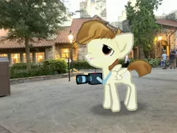 Size: 4032x3024 | Tagged: safe, derpibooru import, photographer:undeadponysoldier, featherweight, pegasus, pony, amusement park, augmented reality, bucktooth, building, camera, colt, disney world, epcot, florida, gameloft, irl, light, male, norway, orlando, photo, ponies in real life, solo, theme park, trash can, walt disney world