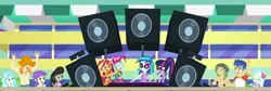 Size: 1280x430 | Tagged: safe, derpibooru import, screencap, flash sentry, lyra heartstrings, octavia melody, paisley, rainbow dash, sandalwood, sci-twi, starlight, sunset shimmer, twilight sparkle, valhallen, vinyl scratch, equestria girls, equestria girls series, i'm on a yacht, spoiler:eqg series (season 2), background human, clothes, cropped, female, glasses, male, partial nudity, ponytail, swimsuit, topless