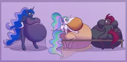 Size: 4788x2364 | Tagged: suggestive, artist:funble, derpibooru import, princess celestia, princess luna, tempest shadow, alicorn, anthro, unicorn, belly, bench, big belly, big breasts, breasts, broken horn, clothes, female, gloves, horn, huge belly, huge breasts, hyper, hyper belly, hyper pregnancy, impossibly large belly, impossibly large breasts, preglestia, pregluna, pregnant, ripping clothes, see-through dress, simple background, trio, trio female