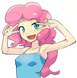 Size: 960x973 | Tagged: armpits, artist:siagia, bust, clothes, cropped, derpibooru import, double peace sign, edit, female, happy, human, humanized, looking at you, open mouth, peace sign, pinkie pie, safe, simple background, smiling, solo, tanktop, white background