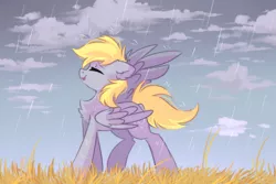 Size: 2449x1632 | Tagged: safe, artist:mirtash, derpibooru import, derpy hooves, pegasus, pony, chest fluff, cloud, cute, derpabetes, ear fluff, eyes closed, female, grass, mare, outdoors, rain, rcf community, smiling, solo, spread wings, wet, wings