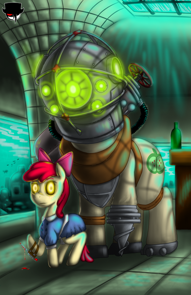 Size: 1584x2448 | Tagged: apple bloom, artist:fiercewendigo, big daddy, big macintosh, bioshock, brother and sister, crossover, derpibooru import, duo, female, filly, little sister, male, safe, siblings, stallion, video game crossover