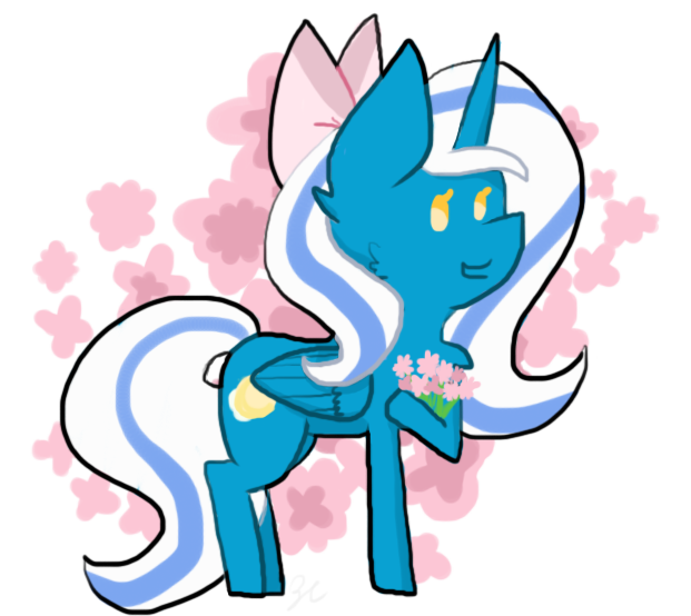 Size: 621x554 | Tagged: safe, artist:royalswirls, derpibooru import, oc, oc:fleurbelle, alicorn, earth pony, pony, abstract background, alicorn oc, bouquet, bow, female, flower, hair bow, horn, mare, solo, wings