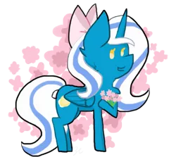 Size: 621x554 | Tagged: safe, artist:royalswirls, derpibooru import, oc, oc:fleurbelle, alicorn, earth pony, pony, abstract background, alicorn oc, bouquet, bow, female, flower, hair bow, horn, mare, solo, wings