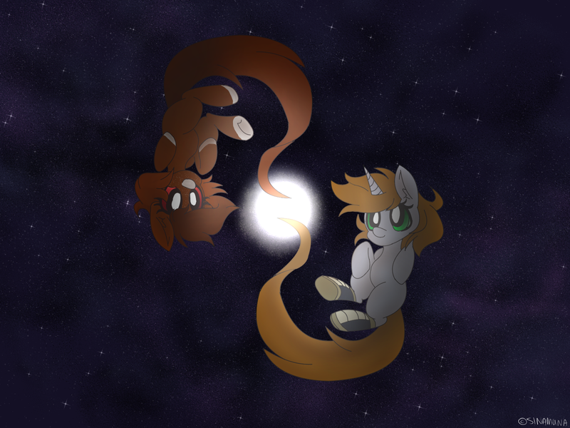 Size: 1600x1200 | Tagged: safe, artist:sinamuna, derpibooru import, oc, oc:java, oc:littlepip, unofficial characters only, earth pony, pony, unicorn, fallout equestria, fanfic, boots, clothes, duo, fanfic art, female, floating, galaxy, hooves, horn, large filesize, magic, mare, pair, shoes, space, stars, symbolism, unobtrusive watermark, upside down, wallpaper, yin-yang