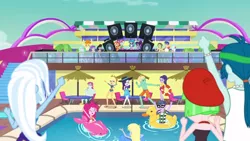 Size: 1920x1080 | Tagged: safe, derpibooru import, screencap, applejack, baewatch, captain planet, derpy hooves, drama letter, flash sentry, lyra heartstrings, microchips, octavia melody, paisley, pinkie pie, rainbow dash, rarity, sandalwood, sci-twi, starlight, sunset shimmer, trixie, twilight sparkle, valhallen, vinyl scratch, watermelody, zephyr breeze, equestria girls, equestria girls series, i'm on a yacht, spoiler:eqg series (season 2), background human, beret, clothes, dancing, feet, floaty, hat, inflatable, inflatable toy, male, partial nudity, pool party, pool toy, shorts, speakers, swimming pool, swimming trunks, swimsuit, topless