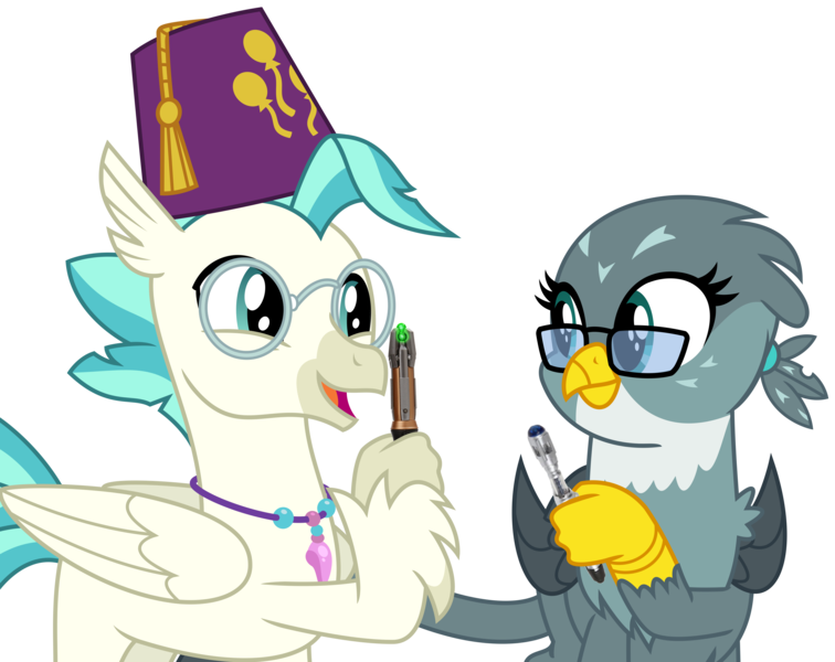 Size: 5321x4223 | Tagged: safe, alternate version, artist:sketchmcreations, derpibooru import, edit, gabby, terramar, classical hippogriff, gryphon, hippogriff, the last crusade, day of the doctor, doctor who, eleventh doctor, female, fez, glasses, hat, looking at each other, male, open mouth, simple background, smiling, sonic screwdriver, tenth doctor, transparent background, vector