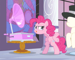 Size: 500x400 | Tagged: safe, derpibooru import, screencap, pinkie pie, earth pony, pony, a canterlot wedding, :p, animated, bipedal, chicken dance, cropped, female, hat, mannequin, mare, perfect loop, phonograph, solo, stained glass, tongue out, top hat