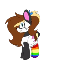 Size: 1378x1378 | Tagged: safe, artist:circuspaparazzi5678, derpibooru import, oc, oc:pocky panda, unofficial characters only, bear, panda, panda pony, pegasus, pony, bow, clothes, paws, ponytail, rainbow socks, simple background, socks, solo, striped socks, transparent background