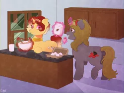Size: 4000x3000 | Tagged: safe, artist:svpernxva, derpibooru import, oc, oc:jessie feuer, oc:luri equestria, unofficial characters only, pony, unicorn, bowl, box, collar, cooking, cupboard, digital art, egg, fangs, female, flour, flower, glasses, jessuri, kitchen, looking at each other, magic, magic aura, male, mare, open mouth, stallion, window