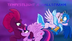 Size: 1192x670 | Tagged: safe, artist:ejlightning007arts, derpibooru import, gallus, silverstream, tempest shadow, twilight sparkle, twilight sparkle (alicorn), alicorn, classical hippogriff, gryphon, hippogriff, pony, broken horn, cuddling, cute, diastreamies, female, gallabetes, gallstream, horn, hug, jewelry, lesbian, male, mare, necklace, shipping, straight, tempestbetes, tempestlight, text, twiabetes, wallpaper