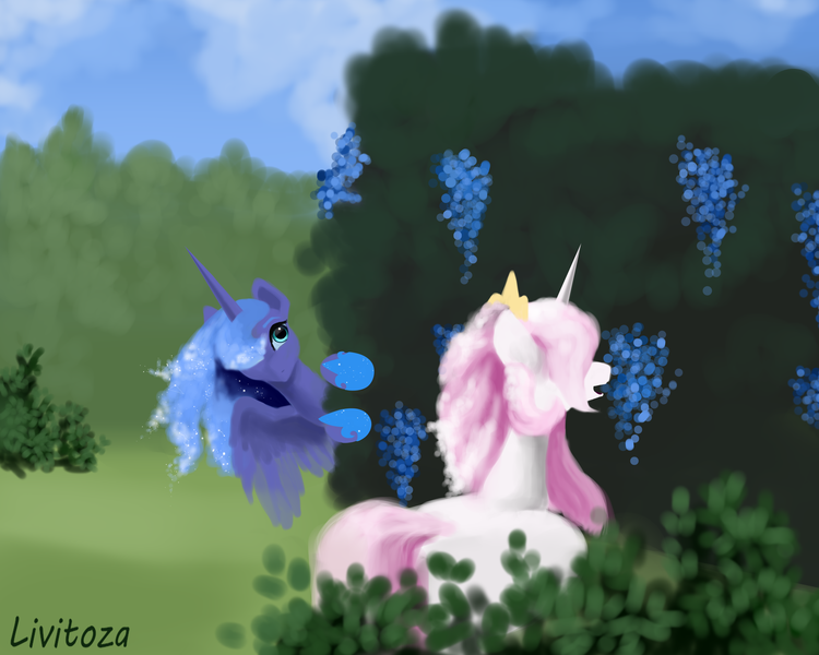 Size: 7000x5600 | Tagged: safe, artist:livitoza, derpibooru import, princess celestia, princess luna, alicorn, pony, duo, ethereal mane, female, mare, missing accessory, outdoors, pink-mane celestia, royal sisters, s1 luna