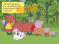 Size: 638x480 | Tagged: safe, derpibooru import, sweetie belle, pig, unicorn, car, crossover, cute, forest, heropig, katy perry, mr. dinosaur, peppa pig, picnic, reference, roar, scared, teddy bear, text