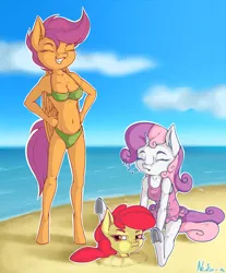 Size: 1400x1690 | Tagged: safe, artist:neko-me, derpibooru import, apple bloom, scootaloo, sweetie belle, anthro, earth pony, pegasus, unguligrade anthro, unicorn, apple bloomers, apple buruma project, armpits, beach, belly button, bikini, breasts, busty scootaloo, busty sweetie belle, cleavage, clothes, cutie mark crusaders, digged in, eyes closed, female, frilled swimsuit, happy, mare, ocean, older, older apple bloom, older scootaloo, older sweetie belle, one-piece swimsuit, outdoors, sand, side-tie bikini, small breasts, smiling, summer, swimsuit, trio, trio female
