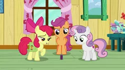 Size: 1920x1080 | Tagged: apple bloom, candy, candy bowl, clubhouse, cutie mark crusaders, derpibooru import, food, potion, prune juice, safe, scootaloo, screencap, sweetie belle, table, the last crusade, window