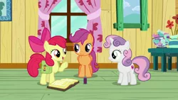 Size: 1920x1080 | Tagged: apple bloom, candy, candy bowl, clubhouse, cutie mark crusaders, derpibooru import, food, potion, prune juice, safe, scootaloo, screencap, sweetie belle, table, the last crusade, window