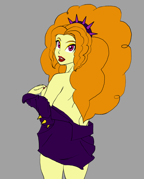 Size: 1208x1500 | Tagged: suggestive, artist:fuzzyfurvert, derpibooru import, adagio dazzle, equestria girls, rainbow rocks, breasts, disguise, disguised siren, female, lipstick, looking at you, looking back, looking back at you, looking over shoulder, nail polish, sideboob, solo, undressing