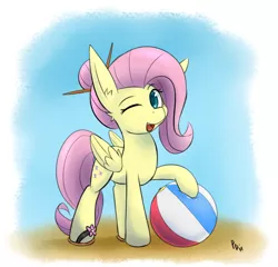 Size: 1956x1874 | Tagged: safe, artist:ponballoon, deleted from derpibooru, derpibooru import, fluttershy, pony, alternate hairstyle, ball, beach, beach ball, cute, looking at you, one eye closed, sand, sandals, shyabetes, solo