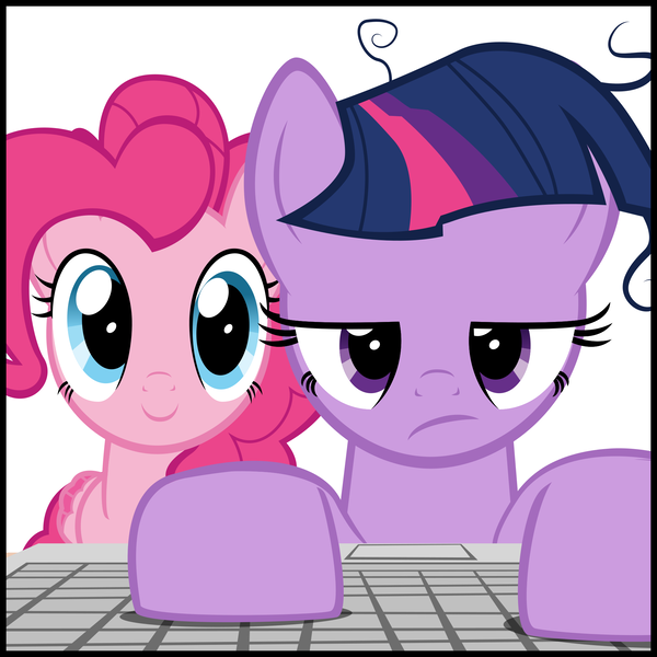 Size: 2000x2000 | Tagged: safe, artist:mrkat7214, derpibooru import, pinkie pie, twilight sparkle, earth pony, pegasus, pony, comic:twilight vs. computer, earth pony twilight, keyboard, messy mane, pegasus pinkie pie, race swap, simple background, white background