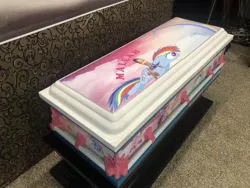 Size: 1400x1050 | Tagged: safe, artist:soulshine industries, artist:trey ganem, derpibooru import, applejack, fluttershy, pinkie pie, rainbow dash, twilight sparkle, alicorn, human, pegasus, pony, casket, child, cloud, coffin, feels, funeral, implied death, implied murder, irl, maleah davis, news, photo, rainbow, real world, sad, tragic