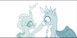 Size: 725x363 | Tagged: safe, artist:sintakhra, derpibooru import, gallus, ocellus, changedling, changeling, gryphon, tumblr:studentsix, boop, chest fluff, cropped, cute, diaocelles, female, gallabetes, happy, male, wings