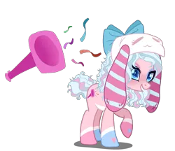Size: 962x831 | Tagged: safe, artist:gihhbloonde, artist:meimisuki, derpibooru import, oc, unofficial characters only, earth pony, pony, adoptable, bow, eyeshadow, female, freckles, hair bow, hat, makeup, mare, markings, next generation, offspring, parent:party favor, parent:pinkie pie, parents:partypie, party horn, raised hoof, simple background, solo, transparent background