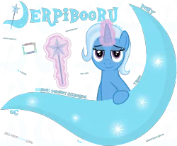 Size: 3400x2800 | Tagged: safe, artist:devfield, derpibooru import, trixie, pony, unicorn, derpibooru, 2019, bipedal, bipedal leaning, cutie mark, cutie mark background, female, glow, glowing horn, horn, leaning, logo, looking at you, magic, magic aura, magic wand, meta, simple background, smug, solo, telekinesis, text, transparent background, two toned mane