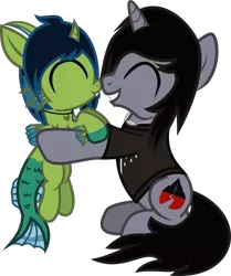 Size: 1070x1281 | Tagged: safe, artist:lightningbolt, derpibooru import, oc, oc:demon hellspawn, ponified, ponified:kellin quinn, half-siren, hybrid, pony, unicorn, .svg available, baby, clothes, colored tongue, colt, curved horn, disguise, disguised siren, duo, eyes closed, fangs, fins, fish tail, grin, happy, holding, horn, interspecies offspring, jewelry, leviathan cross, lifting, magical gay spawn, male, necklace, nuzzling, offspring, scales, shirt, simple background, sitting, sleeping with sirens, smiling, solo, stallion, svg, t-shirt, tongue out, transparent background, vector