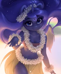 Size: 2155x2608 | Tagged: adorasexy, alicorn, anthro, artist:katputze, bandeau, bare shoulders, belly button, clothes, cute, derpibooru import, female, grass skirt, hawaii, hawaiian, hula, hula dance, lei, looking at you, lunabetes, mare, midriff, princess luna, safe, sexy, skirt, smiling, solo, sweet dreams fuel