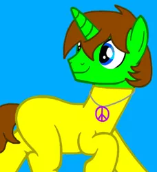 Size: 400x438 | Tagged: safe, artist:angrybeavers1997, derpibooru import, oc, oc:ryan, pony, unicorn, bodysuit, catsuit, hippie, jewelry, latex, latex suit, male, necklace, peace suit, peace symbol, permanent, rubber suit, solo