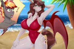Size: 3000x2000 | Tagged: suggestive, artist:kaikururu, derpibooru import, oc, oc:savory zest, oc:scarlet quill, unofficial characters only, anthro, bat pony, anthro oc, arm behind head, armpits, bat pony oc, bat wings, big breasts, blushing, breasts, clothes, commission, curvy, female, glasses, hourglass figure, husband and wife, kneeling, looking at you, male, mare, married couple, milf, oc x oc, one-piece swimsuit, scarlory, shipping, smiling, stallion, straight, sun, swimsuit, thighs, thunder thighs, tree, water, wings, ych result