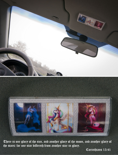 Size: 1019x1341 | Tagged: alicornism, alicorns, artist:maocha, bible verse, car, derpibooru import, icon, irl, orthodox christianity, parody, photo, princess cadance, princess celestia, princess luna, religion, safe, text